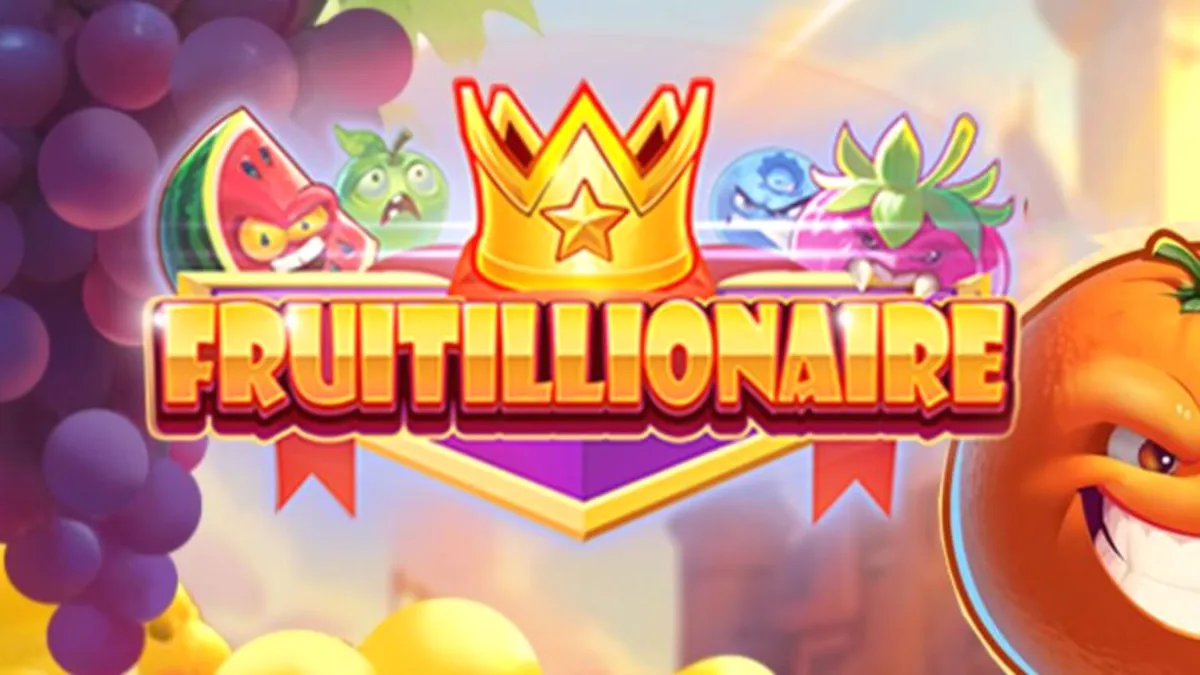 Interface do jogo Fruitillionaire com frutas reais e reino colorido