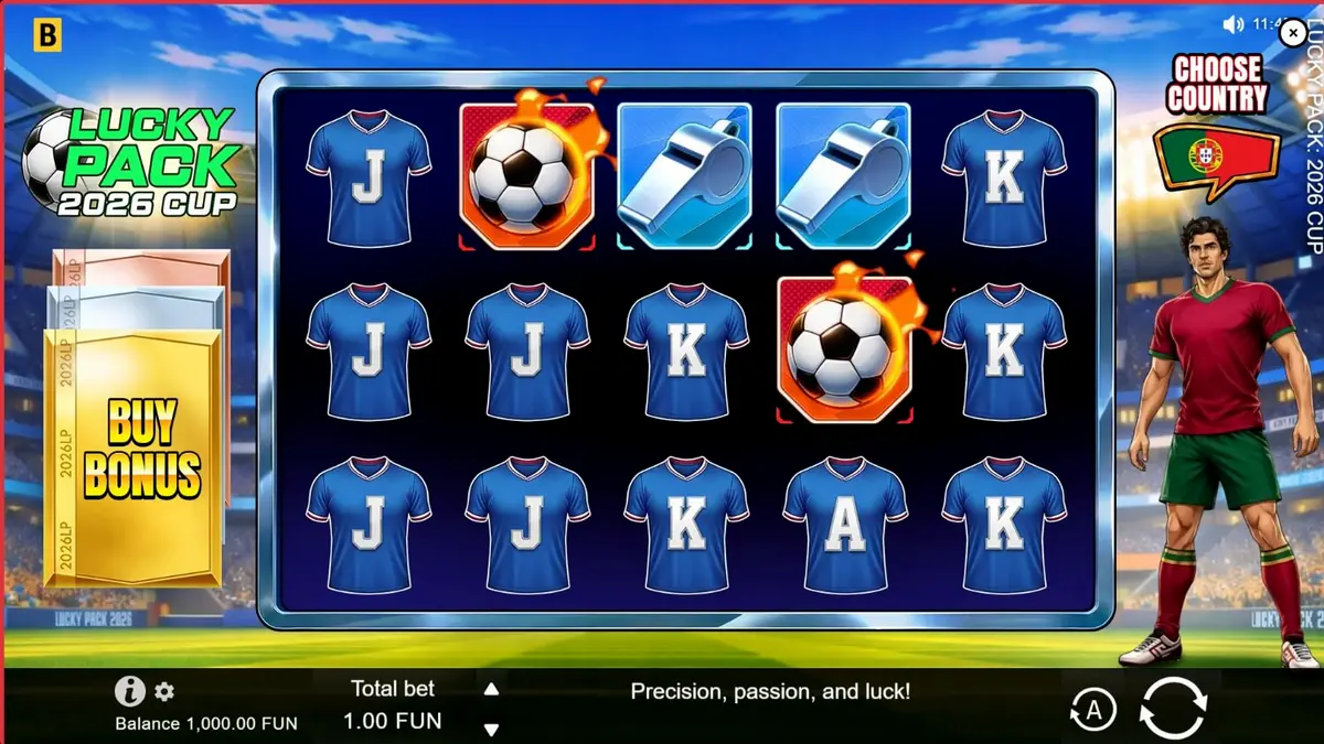 Interface do jogo Lucky Pack 2026 Cup com tema de futebol