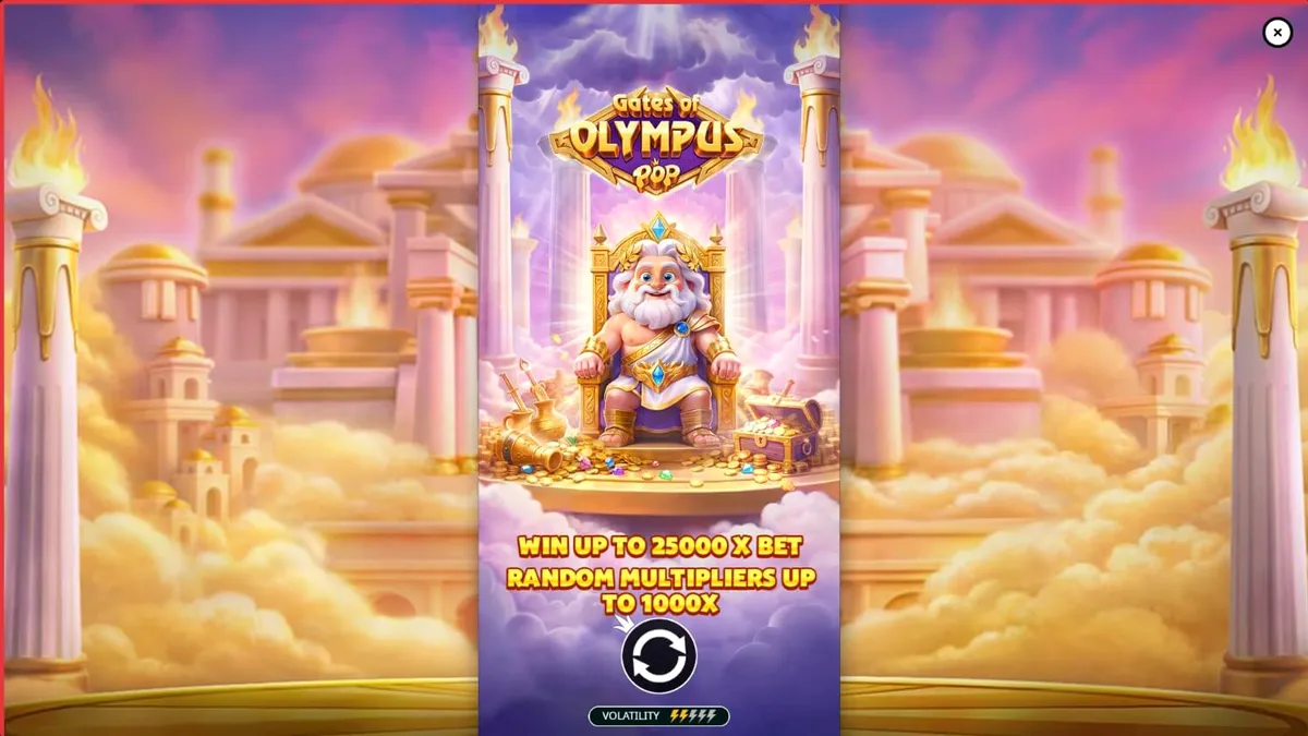 Interface do jogo Gates of Olympus POP com Zeus e símbolos dourados