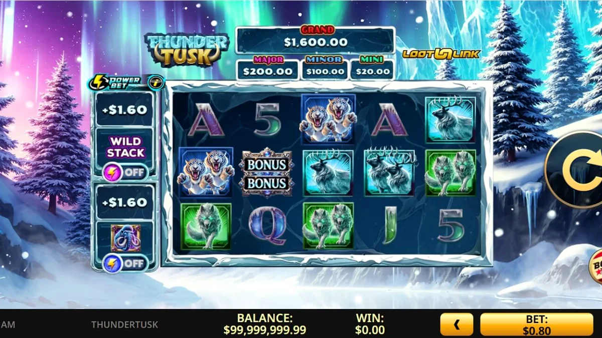 Cenário gelado e pré-histórico do slot Thunder Tusk com mamutes e relâmpagos