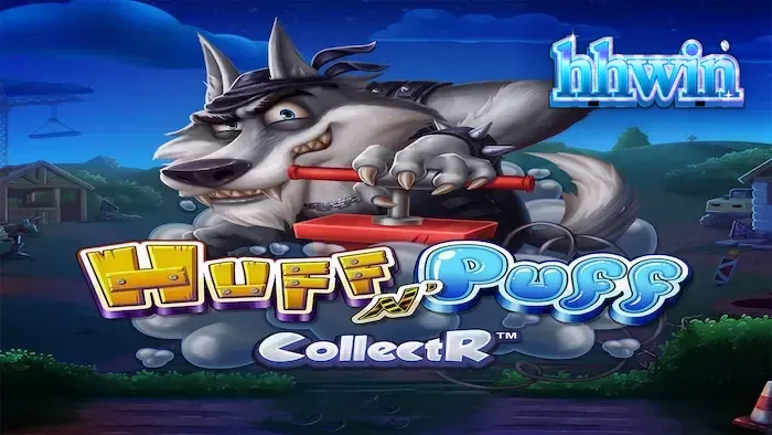 Interface colorida e dinâmica do slot Huff N' Puff CollectR com porquinhos e elementos de construção.